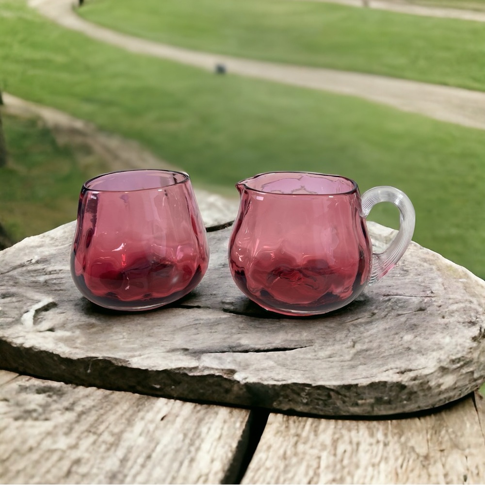 Pilgrim Vintage Cranberry Glass Cream And Sugar  Set  Optic Rib Pattern Pink/Red